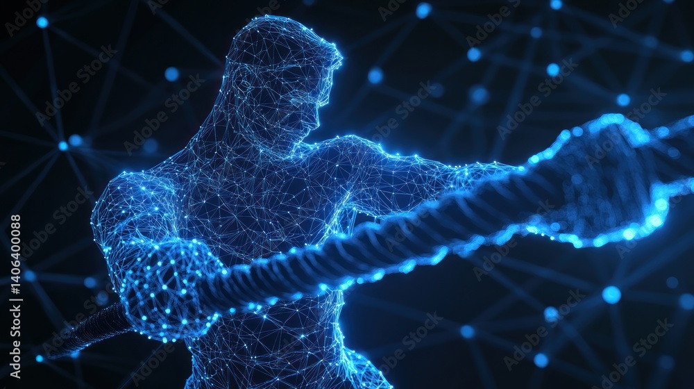 Poster digital man grasps networked force field