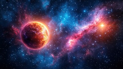 Obraz premium Cosmic inferno, fiery planet, nebulae, starburst