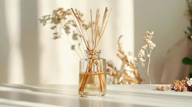 A serene aroma diffuser with reed sticks sits elegantly on a tabletop, casting gentle shadows in a sunlit, minimalist space, promoting relaxation and tranquility.