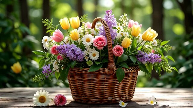 Wicker Basket of Fresh Seasonal Flowers on Rustic Wooden Surface in Natural Light - May Day