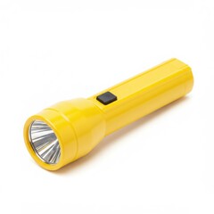 A yellow flashlight with a black button isolated on white background