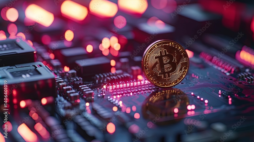 Poster a bitcoin coin rests on a circuit board, illuminated by glowing components.