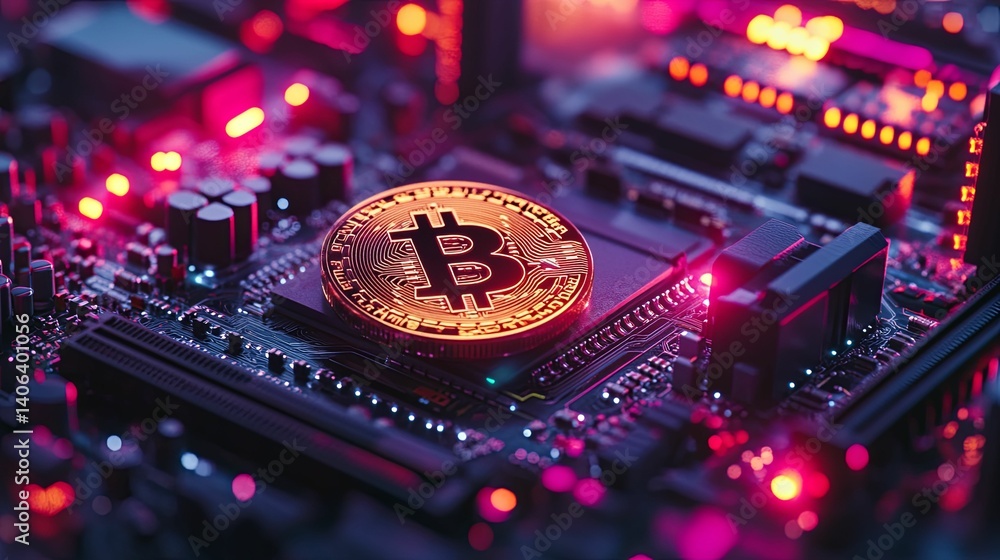 Poster a bitcoin digital currency coin sits atop a complex computer circuit board.