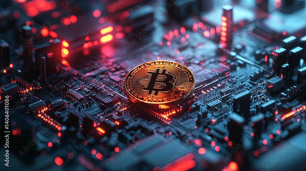 Poster a bitcoin digital currency rests on a complex circuit board.
