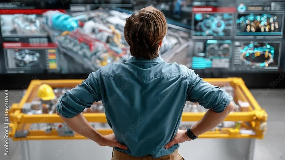Poster precision engineering: a focused technician oversees a complex, interactive technological interface,