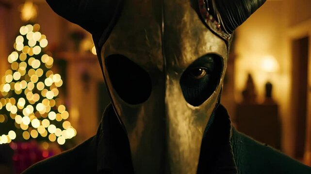 A mysterious figure dons a mask in a cozy, festive room. The Christmas tree glows with lights, creating an intriguing and surreal holiday atmosphere.