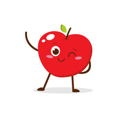 Cute red apple cartoon character with winking eye, showing a Excited pose. Perfect for kids illustrations, healthy food designs, or educational materials. Isolated on white background with soft shadow