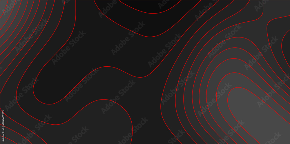Poster abstract red and black background with topographic line map pattern. abstract wavy and curved lines 