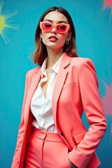 Stylish young woman in a vibrant pink suit and sunglasses posing against a colorful backdrop