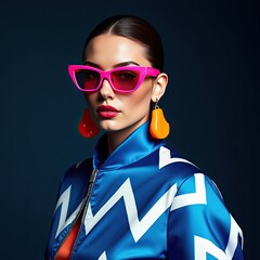Stylish woman in vibrant sunglasses and earrings poses against a dark backdrop, showcasing bold fashion