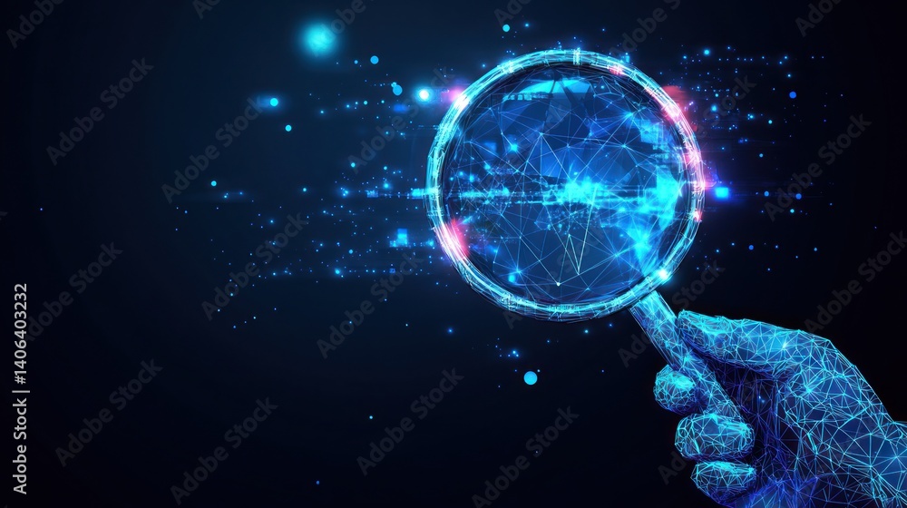 Poster digital hand magnifying data in space