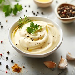 Mayonnaise in a bowl with rosemary and spices on a white background.