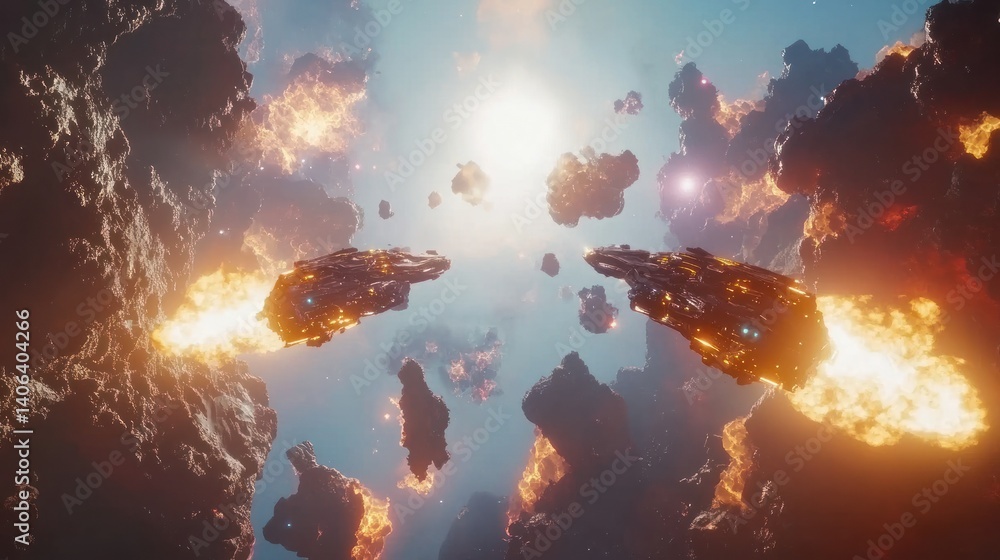 Poster fiery spaceships navigate cloud-shrouded space