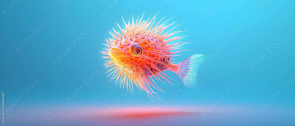 Poster 3d render of an abstract spiky fish with vibrant colors on a gradient blue background with soft ligh
