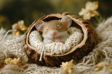 Obraz premium Tiny mouse peacefully sleeping in a cozy walnut shell bed with a soft blanket in a whimsical fairy tale setting