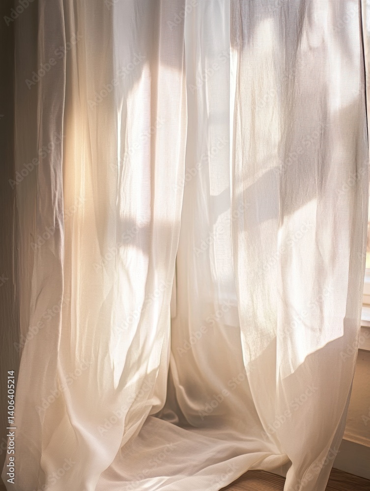 Poster Sunlight filtering through translucent curtains in a cozy minimal room creates a tranquil atmosphere during a peaceful afternoon