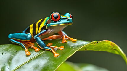 Naklejka premium Vivid Red-Eyed Tree Frog Perched On A Glossy Green Leaf In The Rainforest