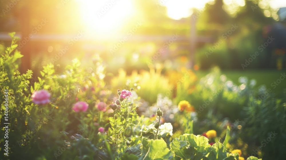 Poster sunlit garden with vibrant flowers and vegetables creating a tranquil atmosphere in the late afterno