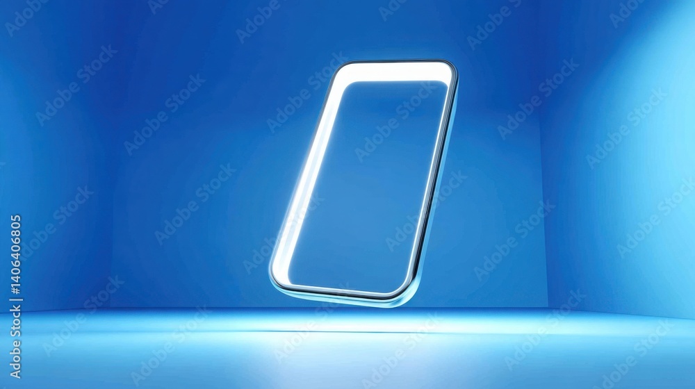 Poster cell phone with a credit card floating inside a glowing ai frame representing advanced technology an