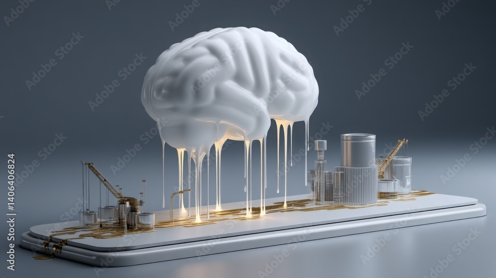 Poster white brain on a white smartphone analyzing credit stream in a virtual environment to showcase advan