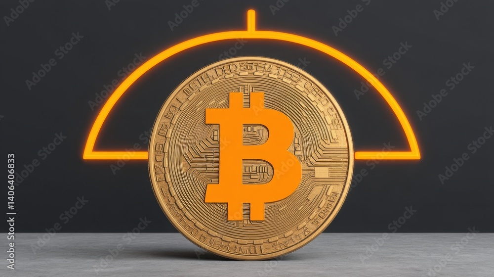 Poster lit bitcoin hovering inside a neon dome creating a futuristic and captivating financial symbol
