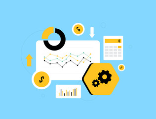 Automated financial forecasting tools support budget planning and cost analysis with data-driven predictions, helping businesses manage resources. Automated forecast vector illustration and icons