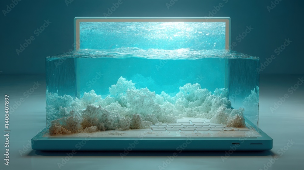Poster a computer with a keyboard in the center representing modern technology and digital communication in
