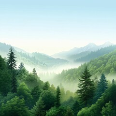 Fototapeta premium Lush Green Mountains Under Soft Blue Sky with Gentle Mist