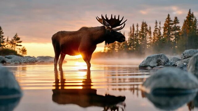 Majestic Moose in Morning Light: A towering moose stands in serene water, its silhouette framed by the soft glow of dawn and the ethereal beauty of a foggy landscape.