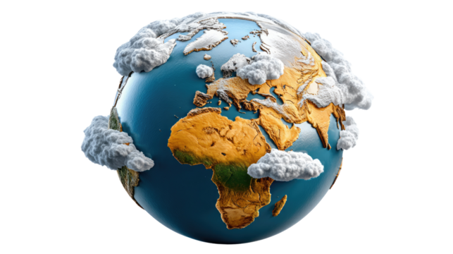 Earth and Clouds: A detailed, three-dimensional depiction of the Earth, accompanied by fluffy clouds, inviting reflection on environmental harmony and global interconnectedness.