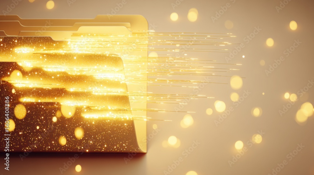 Poster file folder surrounded by golden sparks creating a radiant effect signifying innovation and creative
