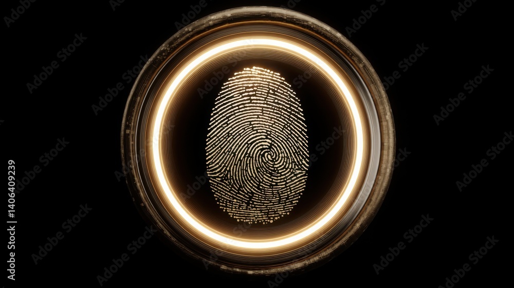 Poster glowing fingerprint icon encased within a protective shield symbolizing security and identity protec