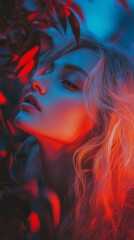 Fototapeta premium Abstract portrait of a woman with neon light overlay, artistic and colorful.