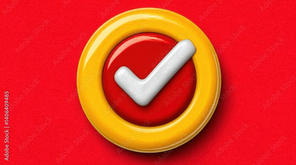 Poster radiant red and yellow checkmark floating as a badge made of light signifying approval and positive 