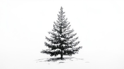 Ink Drawing of Snow-Covered Fir Tree on White Background