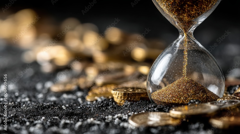 Poster elegant hourglass filled with shimmering gold coins creating a mesmerizing trail of wealth and time 