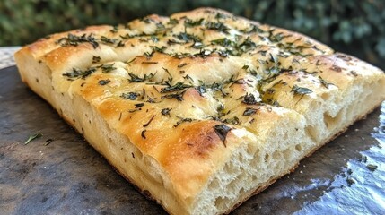 Focaccia bread topped with herbs and olive oil sitting on a stone slab with visible texture