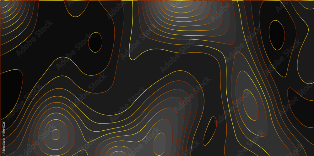 Poster abstract golden and black background with topographic line map pattern. abstract wavy and curved lin