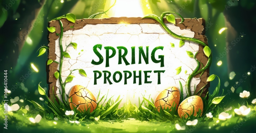 Poster rustic sign displays spring prophet text. cracked eggs rest among lush greenery. bright light filter
