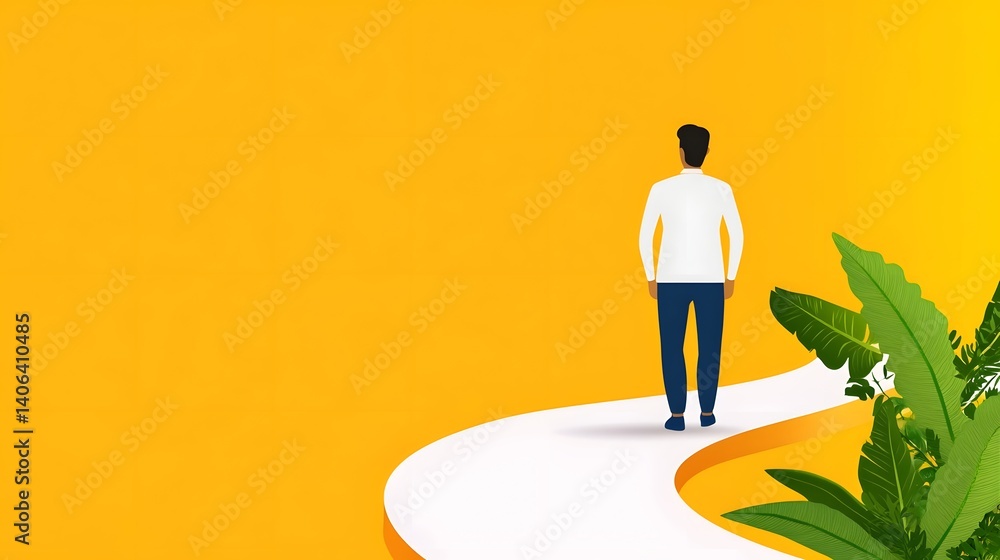Poster man navigating a winding path toward career growth and challenges