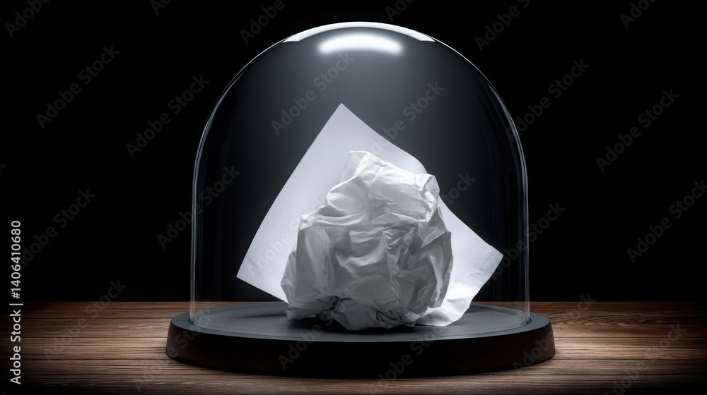 Poster crumpled paper ball sitting under a glass dome with a glowing contract adding an artistic touch to t