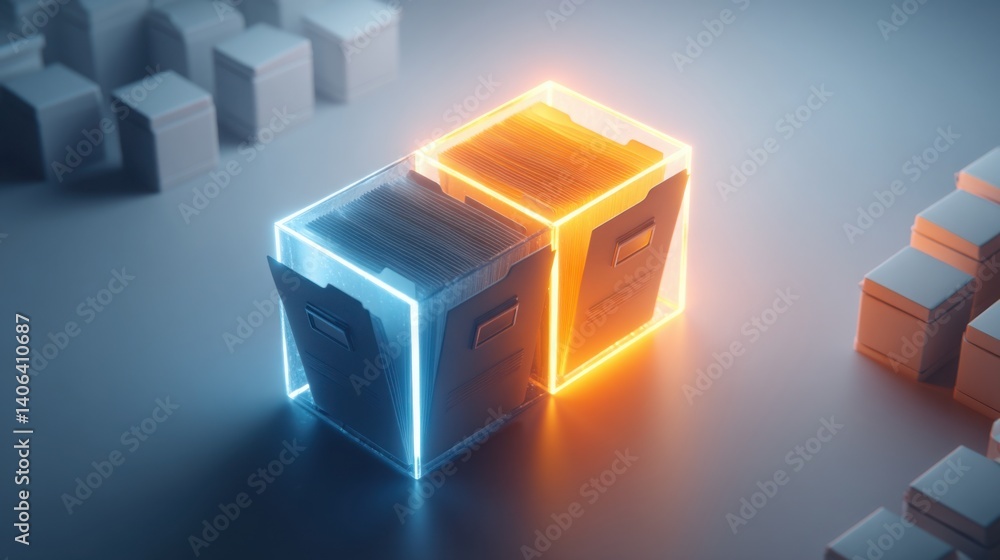 Poster mysterious cube emitting a glowing light while unlocking stacked folders in an artistic representati