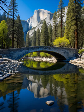 Stone bridge reflected in the merced river in Yosemite with half dome in the distance