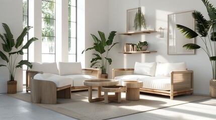 Eco-conscious living room interior design with rattan furniture, organic cotton cushions, large leafy indoor plants, and recycled wood shelves for a natural, sustainable ambiance.