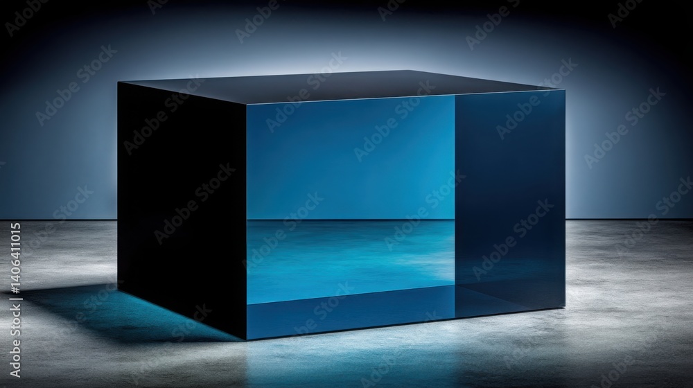 Aufkleber striking blue cube set against a black background creating a bold visual impact in a minimalist arti