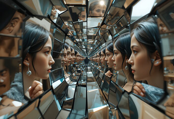 A fragmented mirror reflecting distorted images, creating an illusion of multiple perspectives and realities, woman