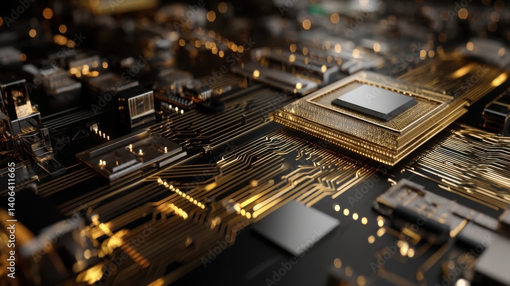 Poster a radiant computer chip located underneath a scroll symbolizing the relationship between technology 