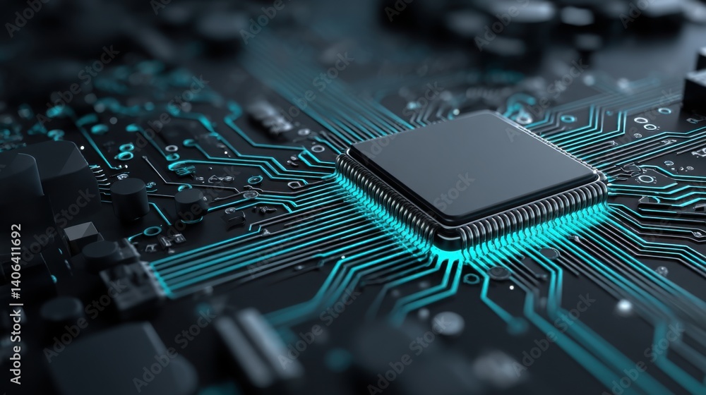 Poster a luminous circuit board featuring a cpu chip inside a report stack highlighting technology's role i