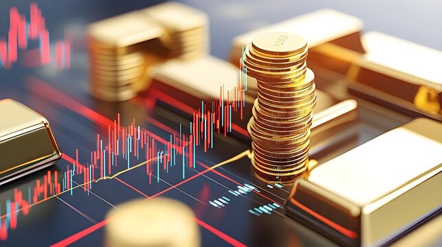 Demand curve of coins and gold bars financial market digital art business environment aerial view economic concept