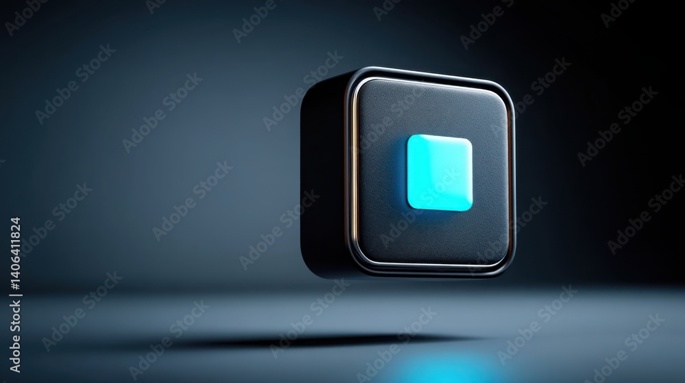 Poster square glowing submit button on a floating panel with bright light effect on a dark background for u